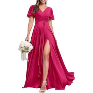 Chiffon bruidsmeisjesjurken voor dames, met split, baljurken, cocktailjurken, grote maten, Fuchsia, 32