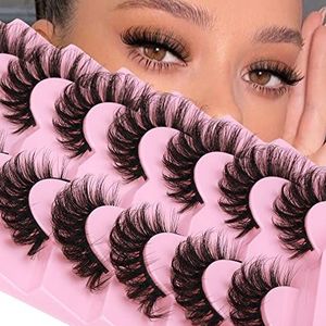 Cat Eye Valse Eeylashes Faux Mink Wimpers Wispy Cat Eye 6D Volume Russische Strip D Krul Dikke Gekruiste Zachte Nep Wimpers 7 paar Pack [C, ]