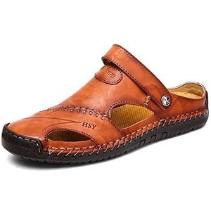 Rojeam Casual Lederen Sandalen voor Heren Gesloten Teen Strandslippers Platte schoenen Zomersandalen voor Wandelen, Bruin, 38 EU