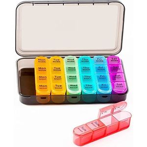 Pillendoosje voor 7 dagen, voor 's ochtends 's middags en 's avonds met 4 vakken, gemakkelijk te openen, draagbare tabletten, weekbox, reis-pillen-organizer voor medicijnen, vitamines, visolie