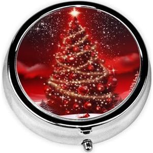 Ronde pillenetui voor portemonnee of zak, 2 compartimenten, medicijnpillendoos, draagbare kleine pillenorganizer, kerstboom, rode pillendoos, reisgeneeskunde, vitamine kabeljauw, leverolie, opbergdoos