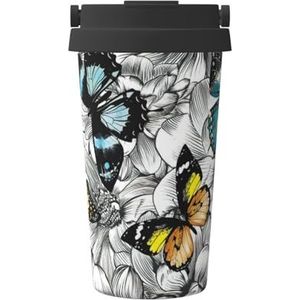 Paarse vlinders bloemenprint geïsoleerde koffiemok beker, 500 ml reizen koffiemok, voor reizen, kantoor, auto, feest, camping