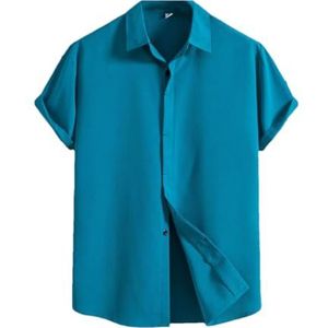 Dcvmvmn Heren zomer shirt met korte mouwen losse effen knoop korte mouw grote maat katoenen overhemd, Pauw Blauw, S