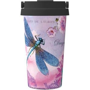 Roze bloem en blauwe libelle print reizen koffiemok lekvrije thermosbeker geïsoleerde beker, voor kantoor camping