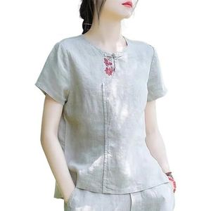 2024 Zomer Chinese Stijl Tops Prachtig Geborduurd Vintage Shirt Ronde Hals Korte Mouw Katoen Linnen Blouse (Color : Gray, Size : 3XL)