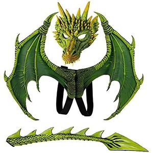 CRTEPST Drakenvleugels-staart-maskerset, Halloween-dinosaurus-cosplay-set voor kinderen (groen)