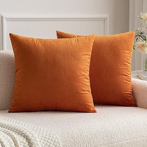 MIULEE Fluweelzachte, decoratieve kussenhoes van microvezel, effen, voor bank of slaapkamer, met onzichtbare rits, vierkant, gevoerd, 40 x 40 cm, 2 stuks, oranje