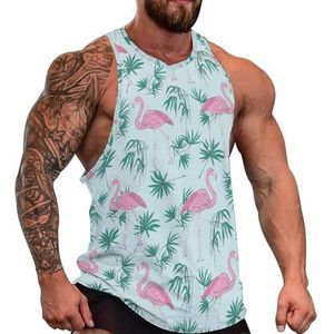 Roze flamingo en palmbladeren heren tanktop grafische mouwloze bodybuilding T-shirts casual strand T-shirt grappige sportschool spier