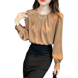 ROUZIHU Parelketting geplooide lantaarn mouw satijnen shirt dames Franse ronde hals pullover top, Rosso, XXL