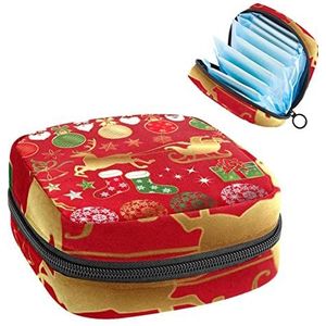 Rode Kerst Grafische Elementen Periode Pouch Draagbaar,Tampon Opbergtas voor Maandverband, Meerkleurig, 4.7x6.6x6.6 in/12x17x17 cm