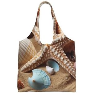 RLDOBOFE Zeeschelpen Zeester Print Canvas Tote Bag voor Vrouwen Esthetische Boodschappentassen Schoudertas Herbruikbare Boodschappentassen, Zwart, One Size