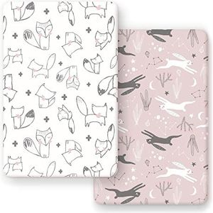 GRSSDER Rekbare, ultrazachte jersey gebreide set speellakens, set van 2, draagbare/mini-wiegjes, speellakens, schattige vossen en konijnen voor babymeisjes en jongens