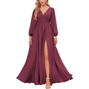 KURFACE Bruidsmeisjesjurken met lange mouwen en split geplooide chiffon formele jurk met mouwen formele jurk, Woestijnroos, 32