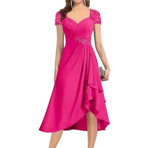 KIYNE Damesjurk met lange mouwen en ruches voor dames, korte formele avondjurk, feestjurk, roze (hot pink), 34