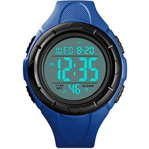 TONSHEN Sporthorloge voor heren, digitaal horloge, 50 m, waterdicht, led, elektronica, dubbele tijd, plastic, polshorloge, alarm, countdown, stopwatch, blauw, Riemen.