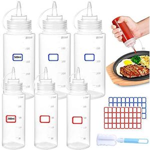 YIYICO Squeeze Doseerfles, knijpfles met doppen, 240 ml/500 ml, 6 stuks, BPA-vrij, voor druppels, cake, bakken, ketchup, scherpe, olijfolie, condimentflessen