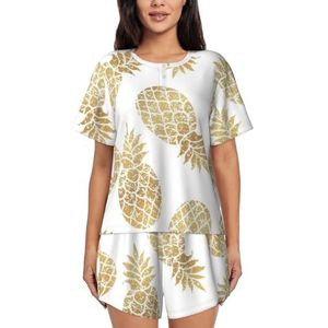 YJxoZH Gouden Ananas Achtergrond Print Vrouwen Zomer Pyjama Sets Nachtkleding Dames Korte Mouw Nachtkleding Pjs Lounge Met Zakken, Zwart, XXL