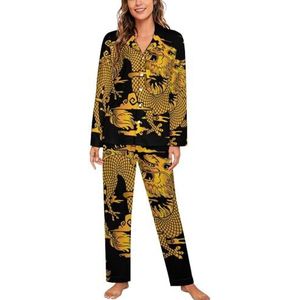 Traditionele oosterse draken vrouwen lange mouw button down nachtkleding zachte nachtkleding lounge pyjama set L