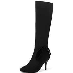 Kniehoge laarzen, dames stiletto kuitlaarzen, spitse neus hoge hak zijrits knielange laarzen, korte pluche voering strik dameslaarzen (Color : Black, Size : 46 EU)