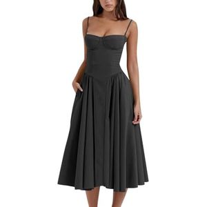 Spaghetti strap a line dress, Sexy Summer Dress for Women, Elegant Corset Fit Sleeveless Midi Dress, Pleated Party Dresses (L,Black)