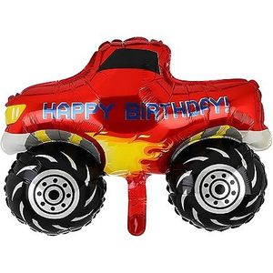 Folieballon met voertuigmotief, monstertruck design in rood, Happy Birthday-opschrift, ideaal voor kinderverjaardagen, ca. 74 x 57,5 cm, lucht- of heliumvulling mogelijk, feestdecoratie