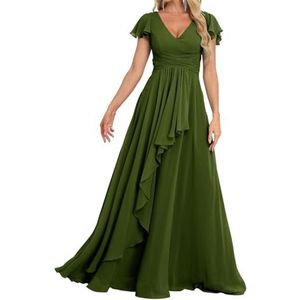 Prinses Bruidsmeisjes Jurken Flutter Mouw Galajurken Chiffon Formele Avondfeest Maxi Jurk met Split ZM189, Hunter Groen, 32