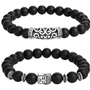 2 stks/set Boeddha Kralen Armband Voor Vrouwen Mannen Zwart Lava Tijger Ogen Steen Armbanden Charm Bangles Boeddhisme & Co Gezondheid 2, Zwart, Eén maat