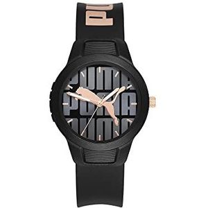 Puma Reset Horloge voor dames, Quartz uurwerk met Polyurethaan, Siliconen, Lederen of Roestvrij stalen band, Zwart en roségoudkleur, 35MM