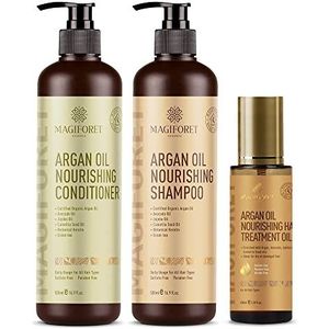 MagiForet Haarverzorgingsset met arganolieshampoo 500 ml + conditioner 500 ml + haarserum 100 ml, anti-frizz, sulfaatvrij, parabenvrij, verzorgt krullen, krullend en gekleurd haar, zacht en soepel