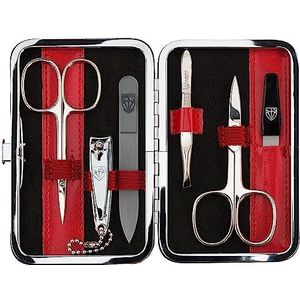 DREI SCHWERTER - Germany 6-delige manicureset 'Genova' | nagelverzorgingsset in rood kunstlederen etui | Inhoud: nagelschaar, huidschaar, nagelknipper, glazen nagelvijl, pincet, saffier nagelvijl