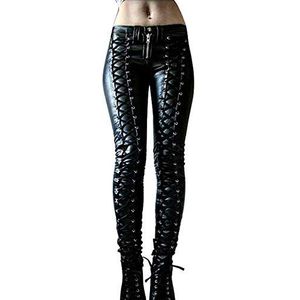 keepmore Vrouwen Gothic Punk Bandage Lederen Broek Mode Skinny Lederen Broek, Zwart, L