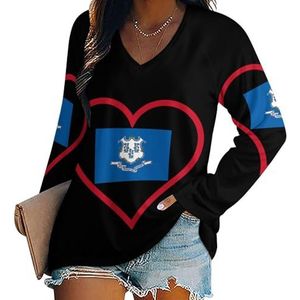 I Love Connecticut Rood Hart Dames Casual Lange Mouw T-shirts V-hals Gedrukt Grafische Blouses Tee Tops 5XL