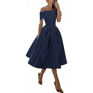 WSEYU Off-shoulder Schoolgala Jurken Satijn Korte Formele Avondjurk met Zakken voor Tieners, Donkerblauw, 36