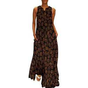 Grappig koffiebonenpatroon dames enkellengte jurk slim fit mouwloze maxi-jurken casual zonnejurk XL
