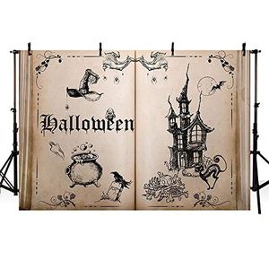 MEHOFOND 8x6ft Halloween Night Thema Magische Boek Fotografie Achtergronden Oud Kasteel Donker Sprookje Tovenaar Hoed Botten Crucible Achtergrond Portret Decor Halloween Verjaardagsfeestje Foto Props Studio Banner