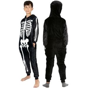 NOROZE Unisex Kids Skelet Haai Onesie Jongens Pyjama Halloween Loungewear Supersoft Fleece Jumpsuit Playsuit, Skeleton Zwart, 11-12 Jaren