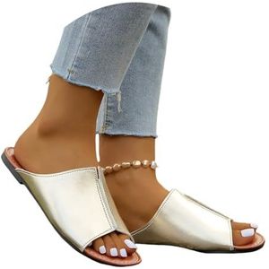 Zomerse Platte Slippers for Dames Elegante Peep Toe Sandalen Vintage Slippers Binnen- En Buitenslippers Studentenslippers 2025 Vrijetijds- En Strandschoenen(Gold,43 EU)