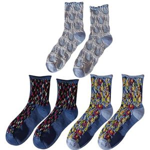 yeeplant Casual kussensokken voor dames: etnische decoratieve patronen op ademende crew-sokken - 3 paar, antislip sokken voor meisjes, wasbaar, Blauw307, Eén Maat