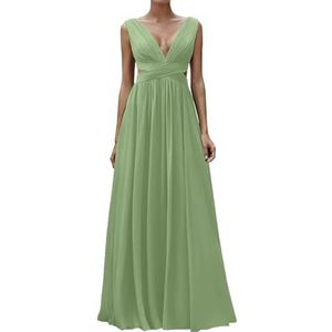 Diepe V-hals Prinses Bruidsmeisjes Jurken Chiffon Galajurken met Split Formele Avondjurk ZM195, Stoffige Salie, 32