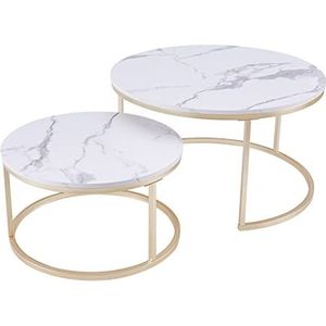 Huuryoudo Banktafel, salontafel, set van 2 ronde tafel, woonkamer, rond, met metalen frame, bijzettafel, modern, voor de woonkamer, wit, goud, marmerlook