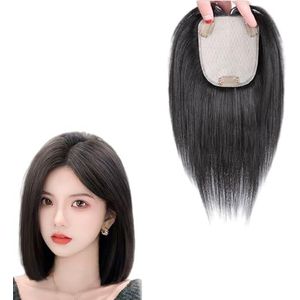 Elegante Zwarte Haarstukjes for Vrouwen 100% Echt Menselijk Haar Top Haarstukken 10 X 12 Cm Zijden Basis Clip-in Toppers, 25/30 Cm Rechte Pruiken for Haaruitval, Grijs Haar(30cm)
