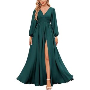 KURFACE Bruidsmeisjesjurken met lange mouwen en split geplooide chiffon formele jurk met mouwen formele jurk, Turkoois, 40