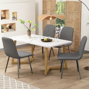 Aunvla Eetgroep, (5-delig), eettafel met 4 stoelen, moderne keukentafelset, eetkamerstoelen in modern design met rugleuning, metalen poten, grijs linnen, gouden tafelpoten
