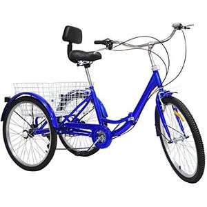 Driewieler voor volwassenen, 24 inch, opvouwbare fiets, driewieler voor volwassenen, senioren, vrouwen, mannen, vrachtfiets, 3-wieler met boodschappenmand (blauw)