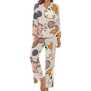 Katten liggen op een roze met draad ballen dames pyjama sets bedrukt lange mouw button down nachtkleding zachte loungewear pyjama M