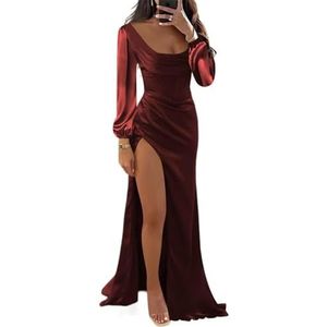 Dames satijnen formele galajurken met split bruidsmeisjes jurken voor bruiloft cocktailjurken grote maten, Bordeaux, 38
