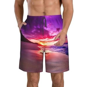 Mooie Strand Zonsondergang Print Heren Zwemmen Shorts Trunks Mannen Sneldrogend Ademend Strand Surfen Zwembroek met Zakken, Wit, XXL