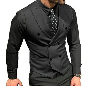 Mannen Pak Vesten Met Double Breasted Slim Fit Bruidsjonkers Vest for Bruiloft Business Single Een Stuk Mannelijke Jas (Color : Black, Size : S (EU46 or US36))
