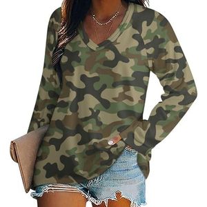 Militaire Camouflage Legergroene Jacht Vrouwen V-hals Shirt Lange Mouw Tops Casual Losse Fit Blouses