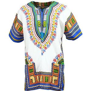 KlubKool Dashiki Shirt Tribal Afrikaanse kaftan Boho Unisex Top Shirt, wit/lichtblauw, XL